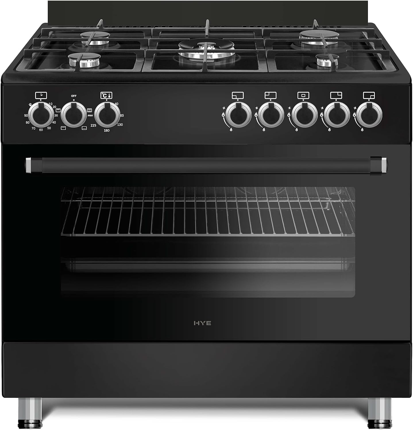 HYE Cooker – Gas Cooker, Versatile 5 Burner Gas Hob, Electric Oven, Smart Digital Controls, 90cm Width, Freestanding Design, Matte Black, Perfect For Busy Family Kitchens & Larger Homes – C01FS90G17