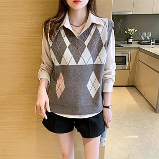 CHYSP Women' s Sweater Vest Warm All- Match Casual Autumn and Winter Geometric Printing Knitted V- Neck Top (Color : B, Si...