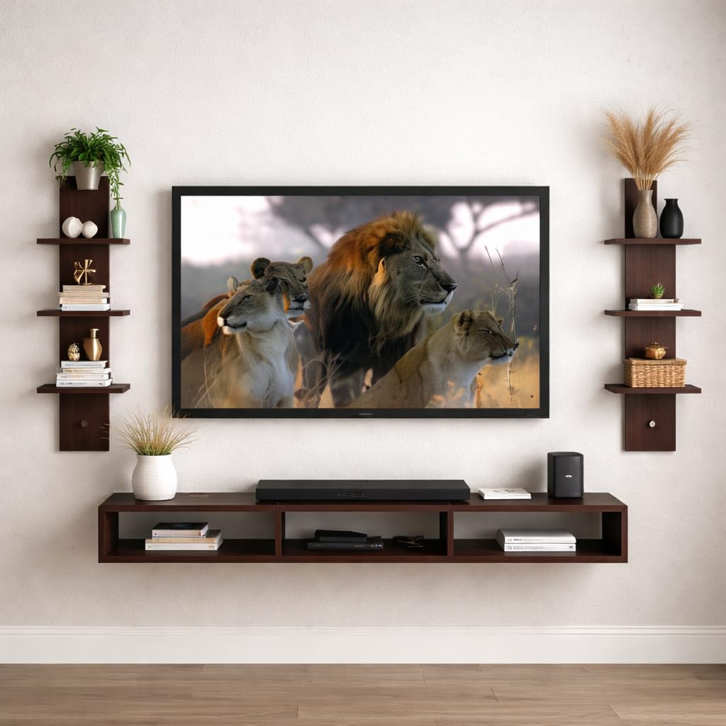 Wooden TV Wall Stand with Side Shelves – Space Saving Entertainment Unit-image-35