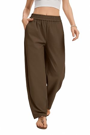 Womens Baggy Loose Cropepd Pants Casual Elastic Waisted Harem Pants with Pockets