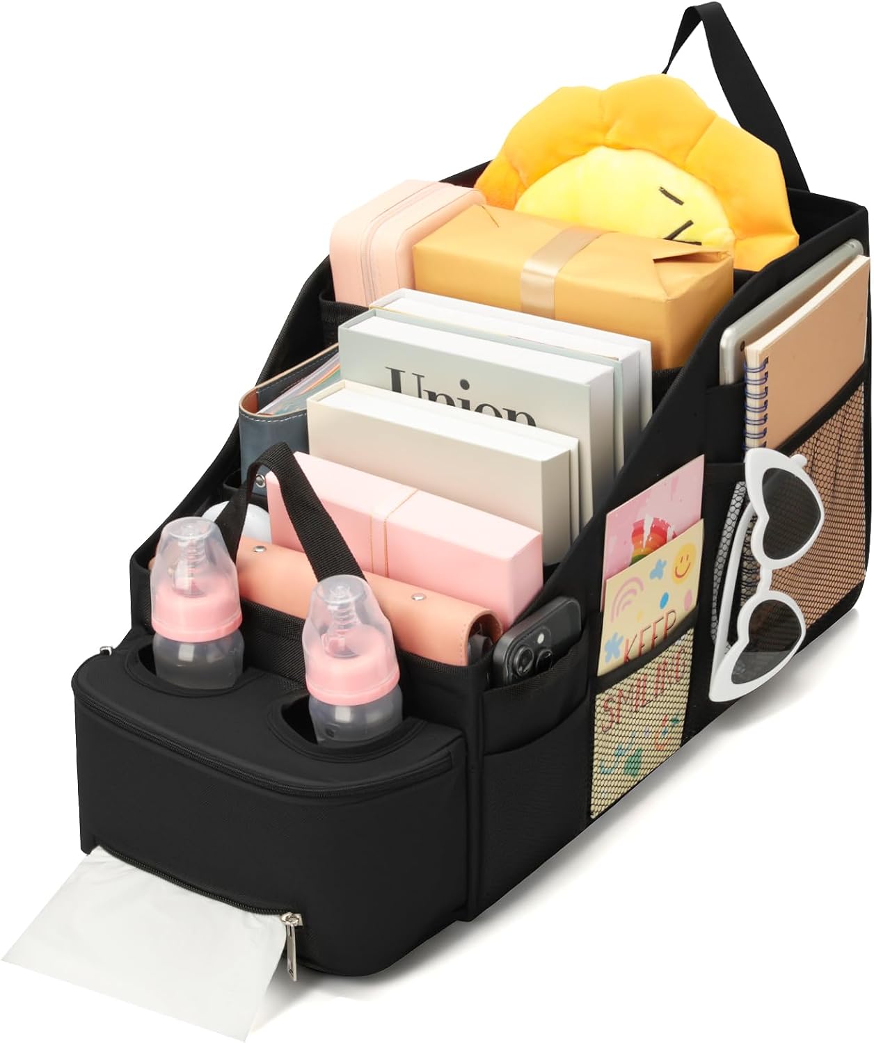 Car Organiser, Back Seat Organiser, Children with Side Mesh Pockets & 2 Drink Holders, Water-Repellent for Boot Interior, Ideal for Toys, Snacks, Travel Accessories