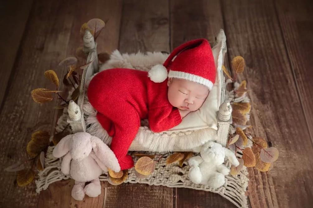 Vomdrok Newborn Photography Props Outfits Christmas Hat Leggings Infant Baby Boy Girl Photoshoot Costume (Red D)