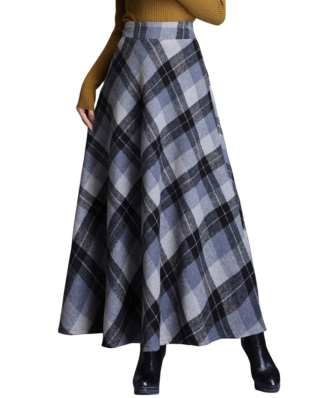ebossy Women's Vintage High Waist Wool Blend Plaid A-Line Long Maxi Skirt with Pocket - Grey - X-Small