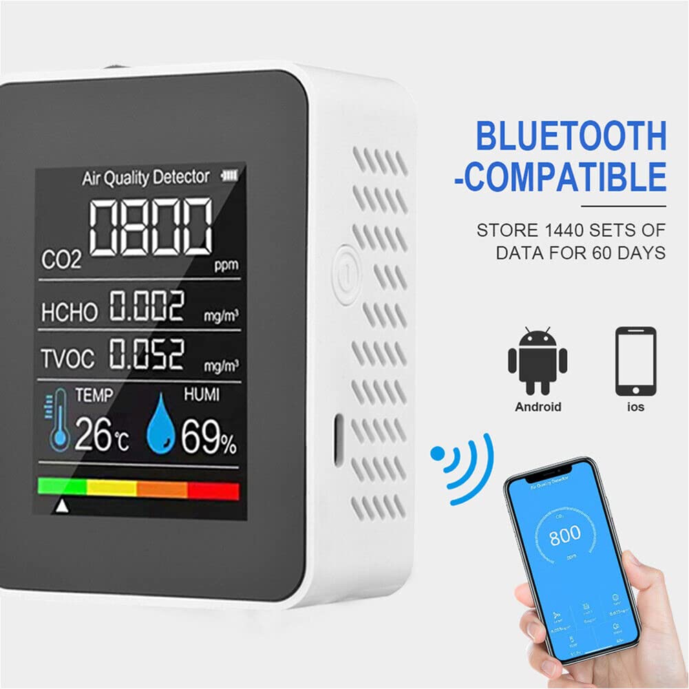 Moniteur de qualité de l'air intérieur 5 en 1 HCHO TVOC AQI testeur de température et d'humidité écran LCD coloré Noir