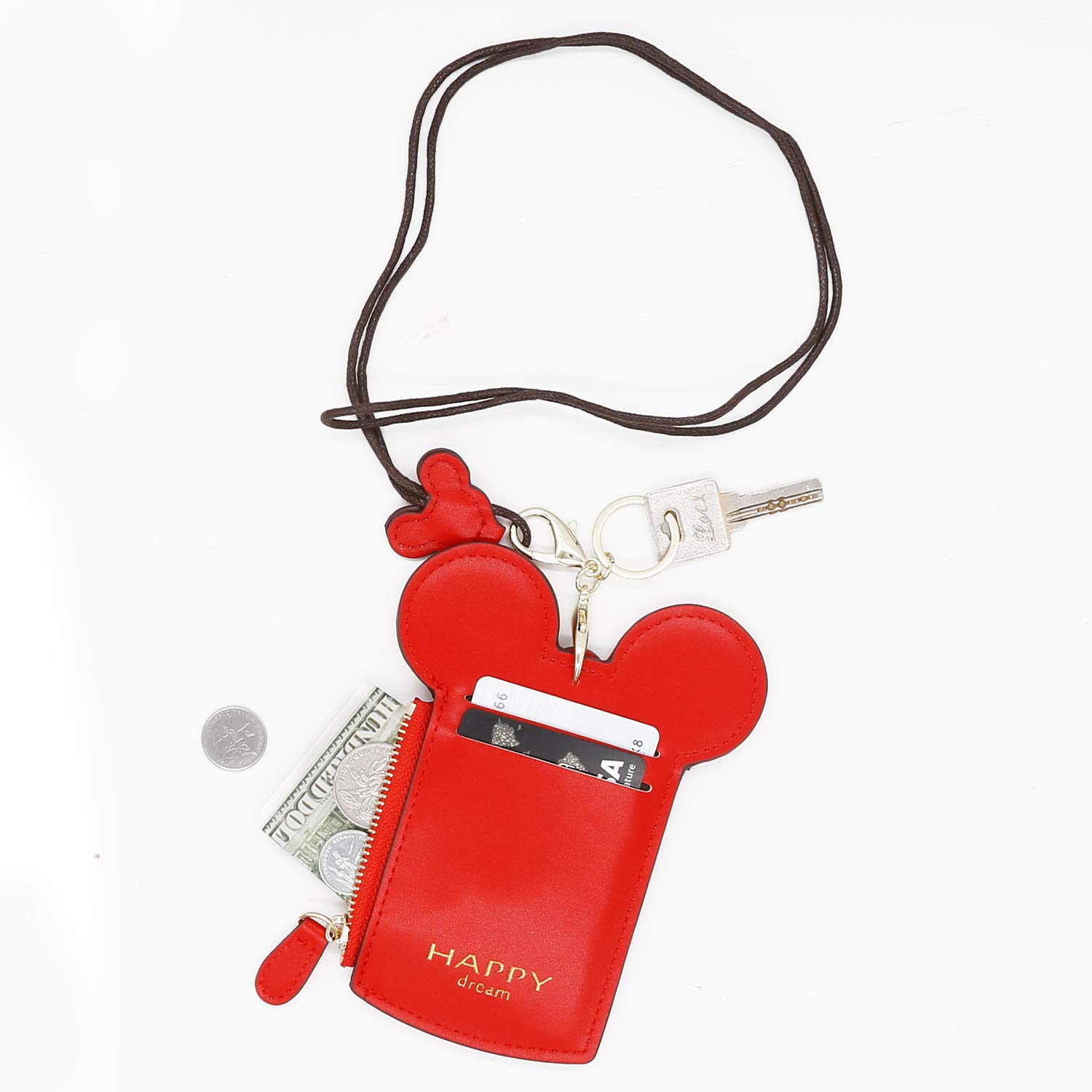 Soporte de identificación con soporte para credencial con cordón, piel sintética, cartera de cuello con forma de animal lindo para mujer (rojo) 4