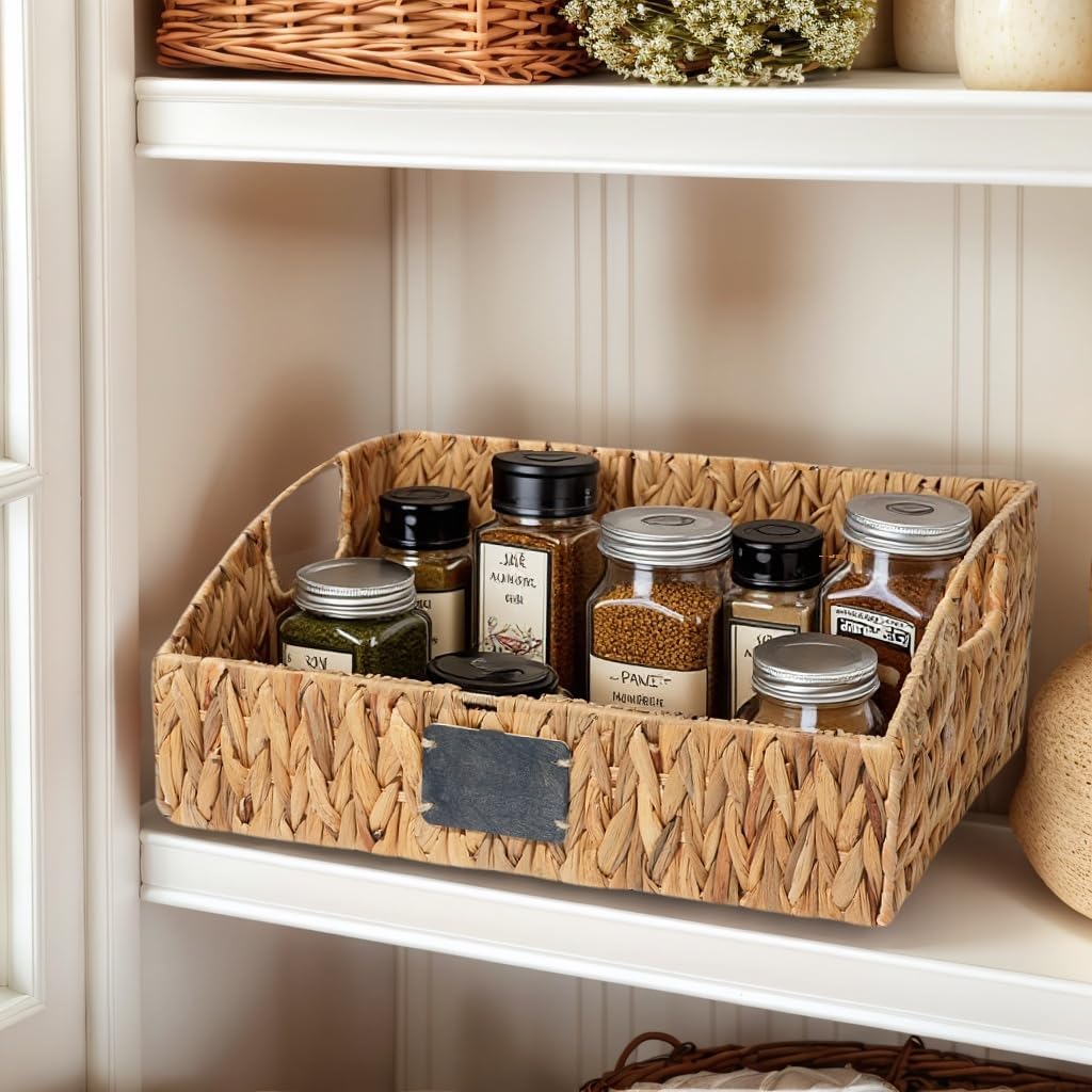 Set of 3 Water Hyacinth Storage Baskets with Handles & Chalkboard Labels – Handwoven Wicker Organizer Bins for Pantry, Bathroom, Laundry Room, Kitchen, Closet & Bedroom Decor