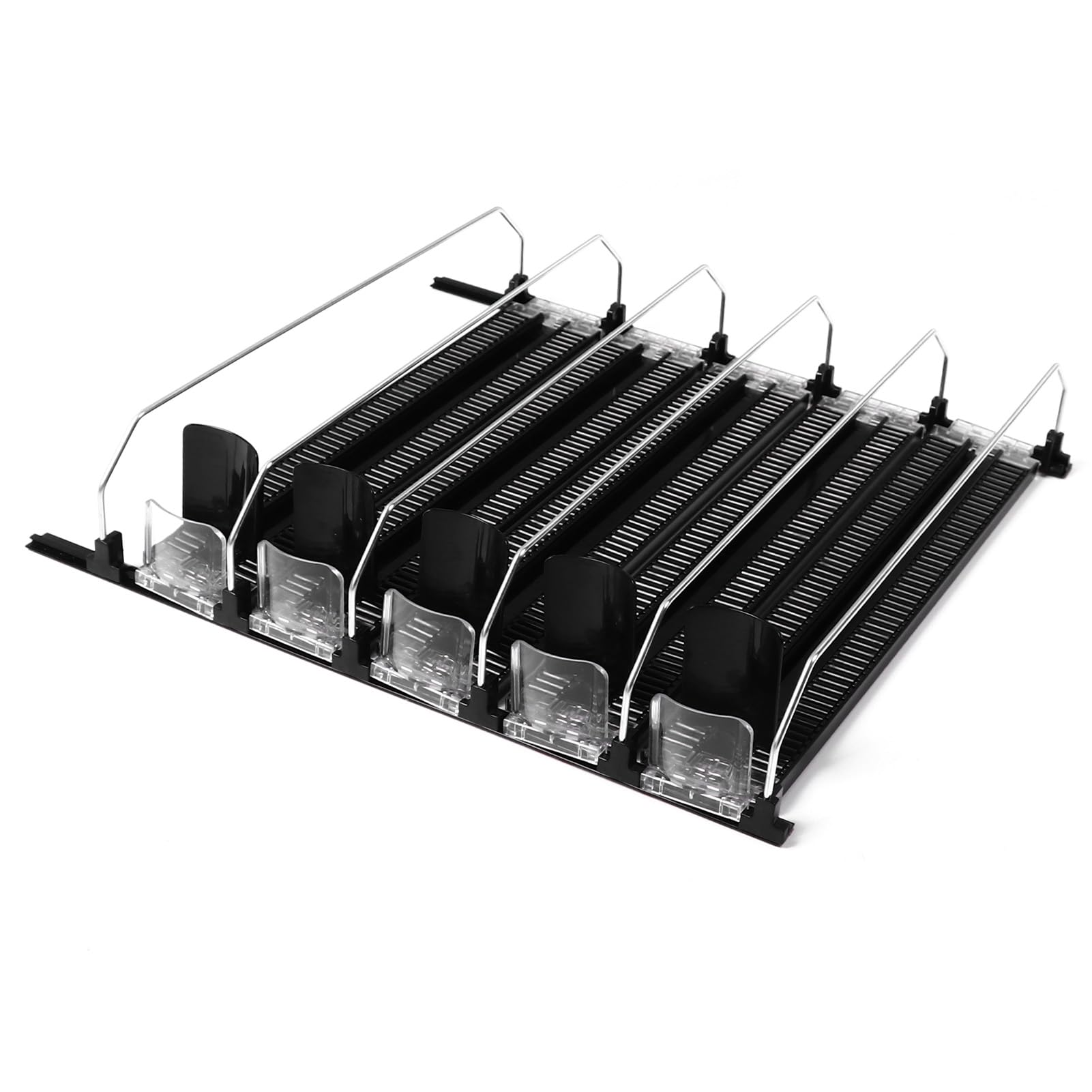 Dispensador de bebidas de refrigerador autocontrol, ajuste de ancho, refrescos a prueba de lluvia puede organizador de refrigerador, contiene latas y botellas, negro (5PCS)