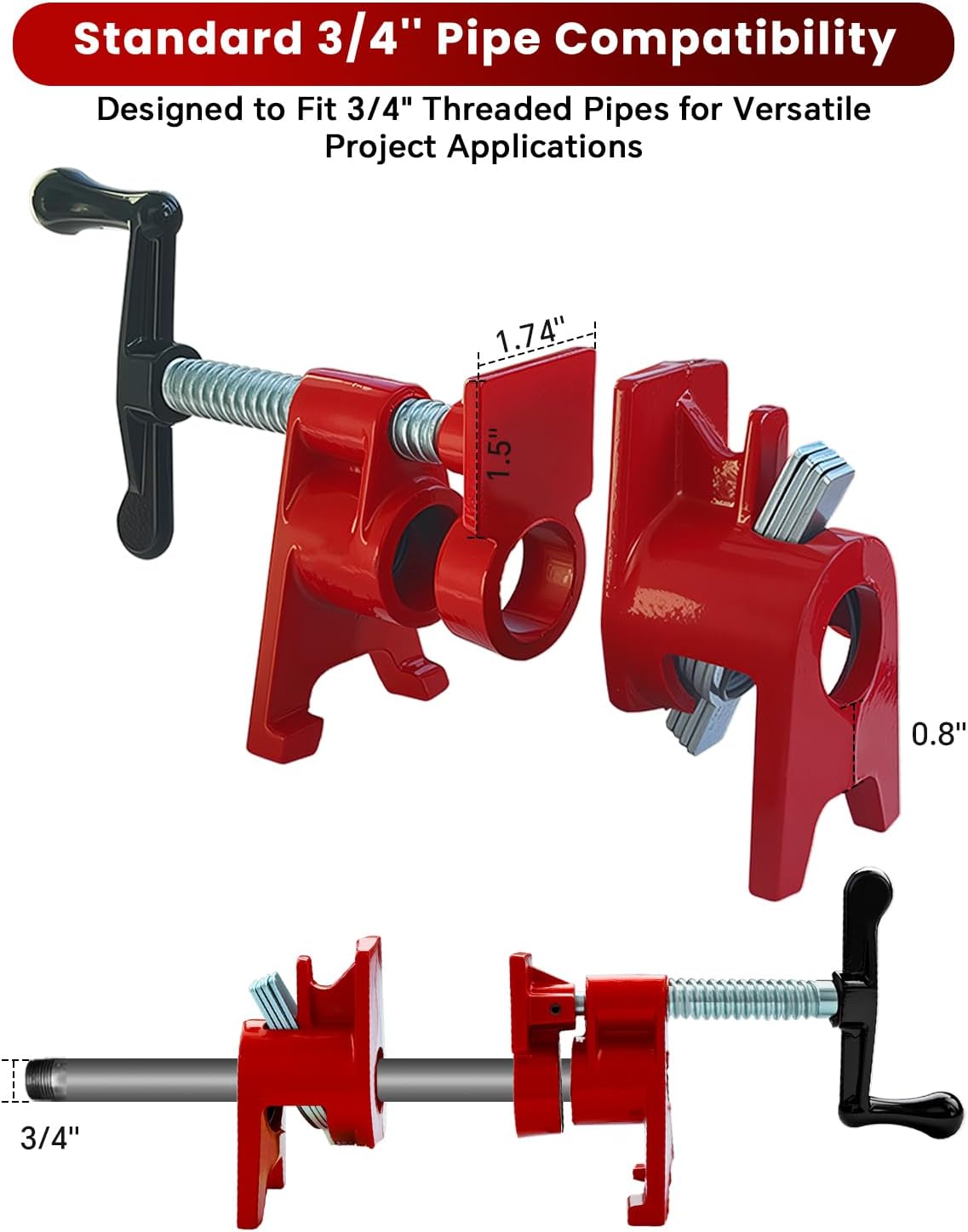 ATPEAM Wood Gluing Pipe Clamp Set | 6 Pack 3/4’’ Heavy Duty Cast Iron Quick Release Pipe Clamps for Woodworking with Unique Foot Design (6, 3/4'')