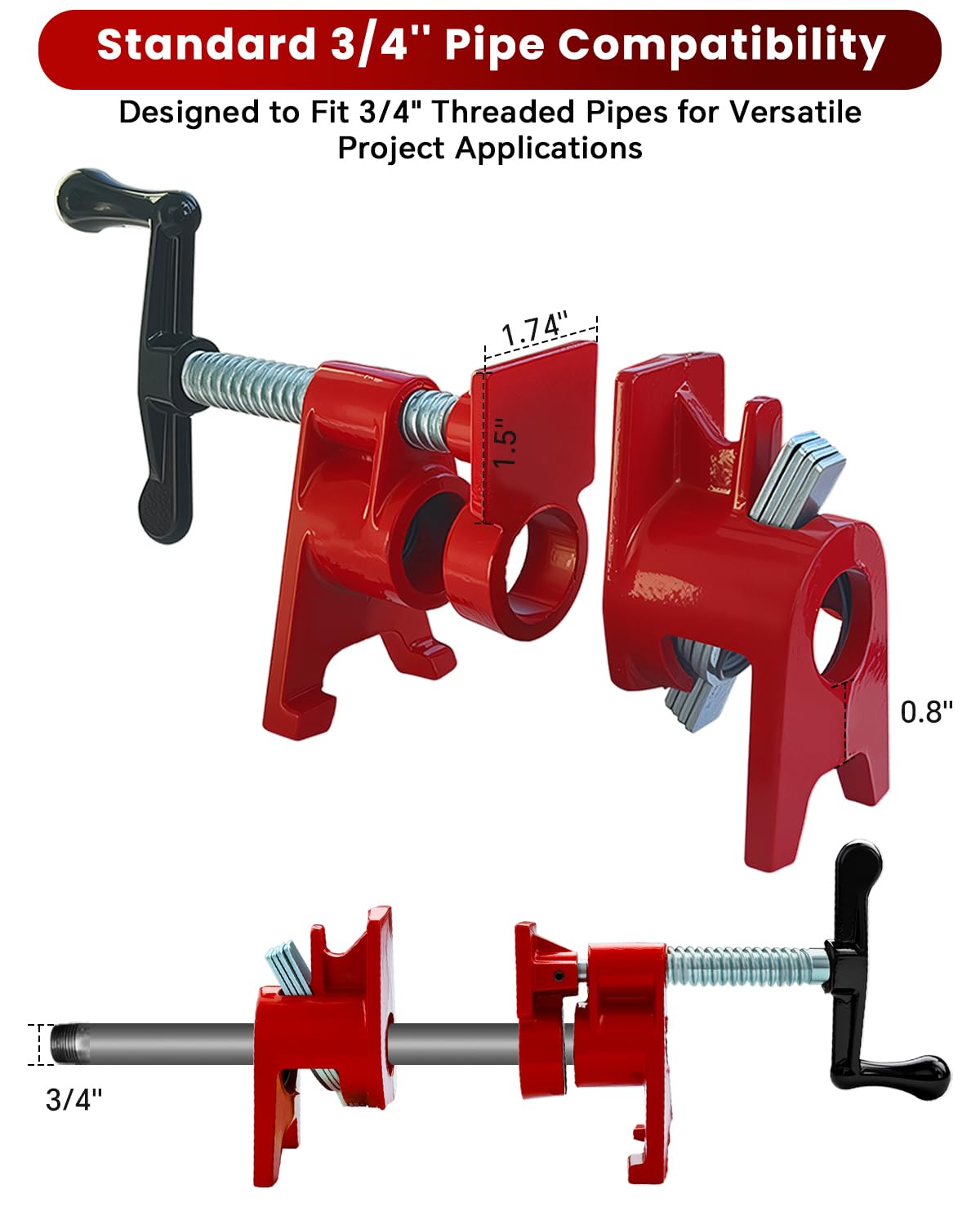 ATPEAM Set di morsetti per tubi per incollaggio del legno, confezione da 4 morsetti per tubi in ghisa resistente a sgancio rapido per la lavorazione del legno con design unico del piede (10,9 cm, 9,9