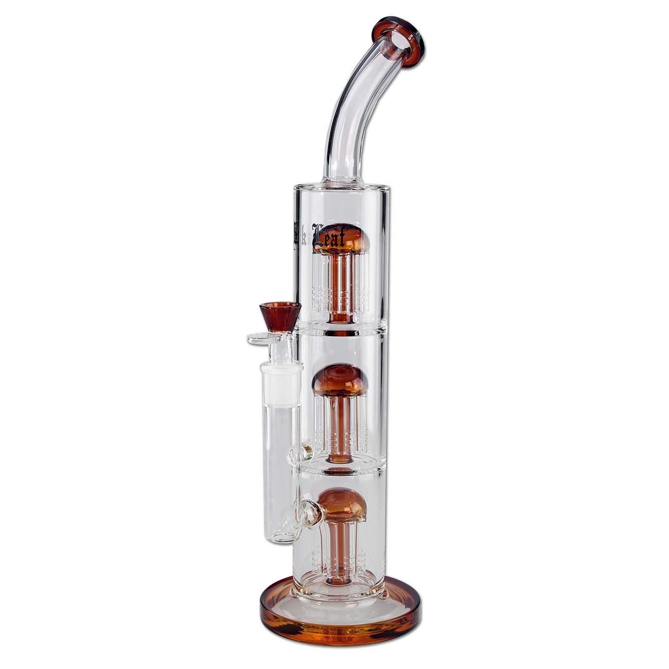 Black Leaf Percolator Bong 39 cm | Amber/Bernstein | Glasbong 18,8 (NS 19) aus Borosilikatglas mit 3 x 8-Arm Baumperkolator, Lift-Off-Kopf & Gebogenem Mundstück | Kräuter Perkolatorbong | Ø 64/27mm