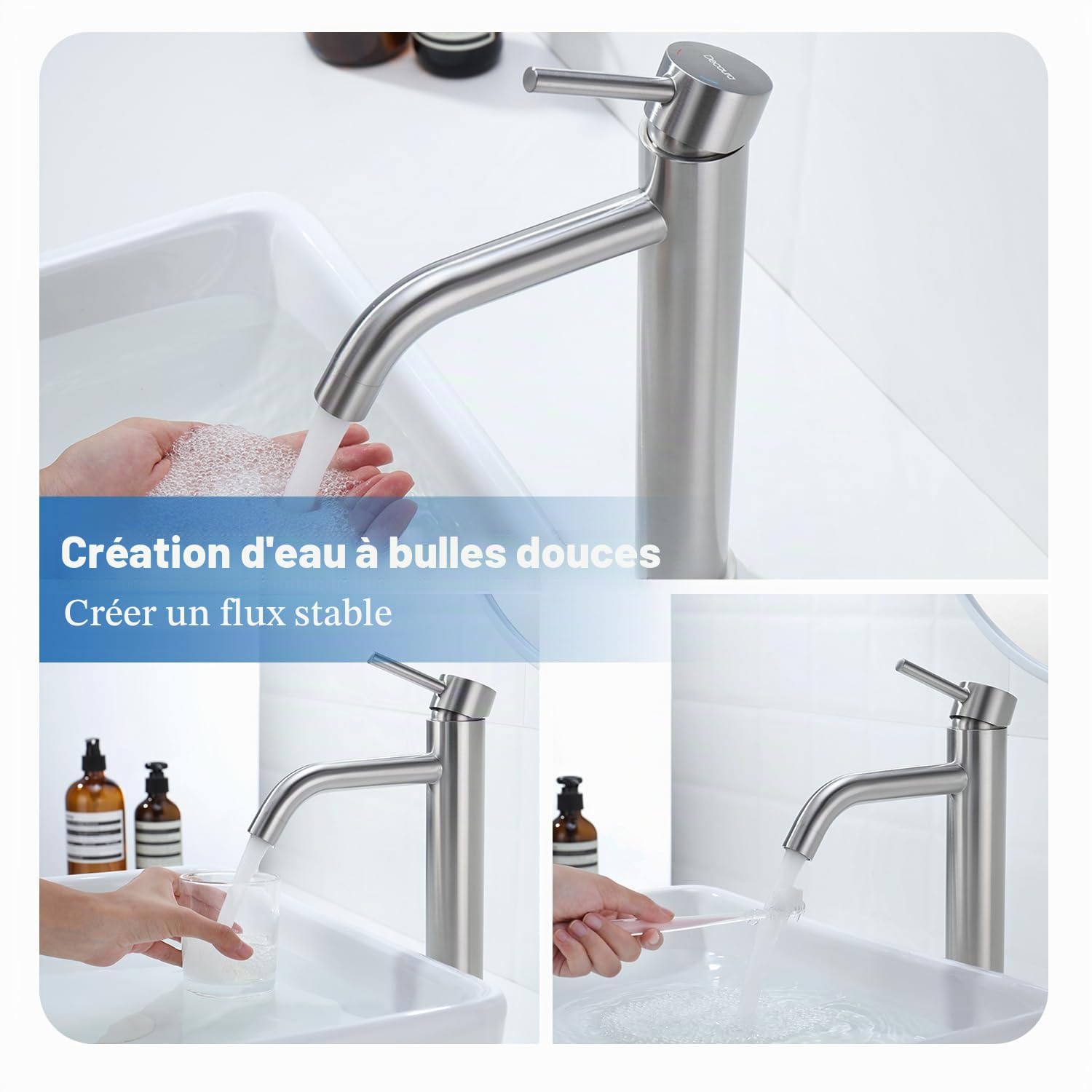 Decaura robinet lavabo salle de bain mitigeur salle de bain haut,robinet vasque à poser avec bec hauteur 186mm eau chaud et froide Brossé Nickel