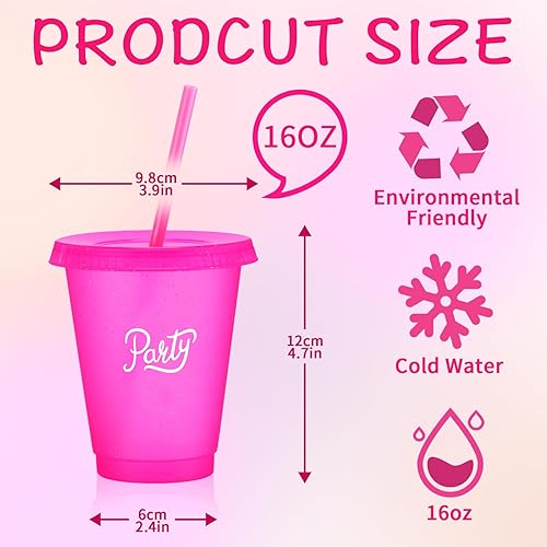 Miniatura 2 de Vesici 12 vasos de plástico de 16 onzas para niñas de princesa con pajitas y tapas, vaso con purpurina reutilizable a granel, botella de agua