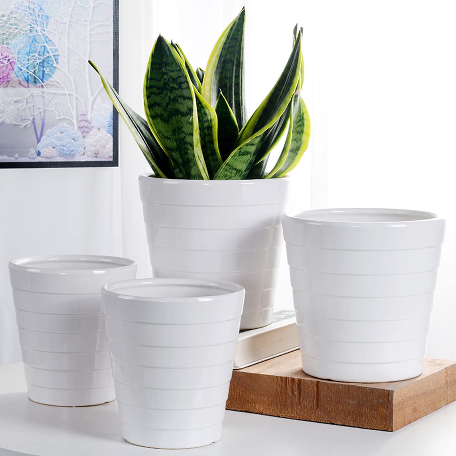 Vasi da Giardino Vasi per Piante in Ceramica, Fioriere con Foro di Drenaggio, Vasi da Giardinaggio Moderni con Strisce Orizzontali per Interni Esterni, Bianco