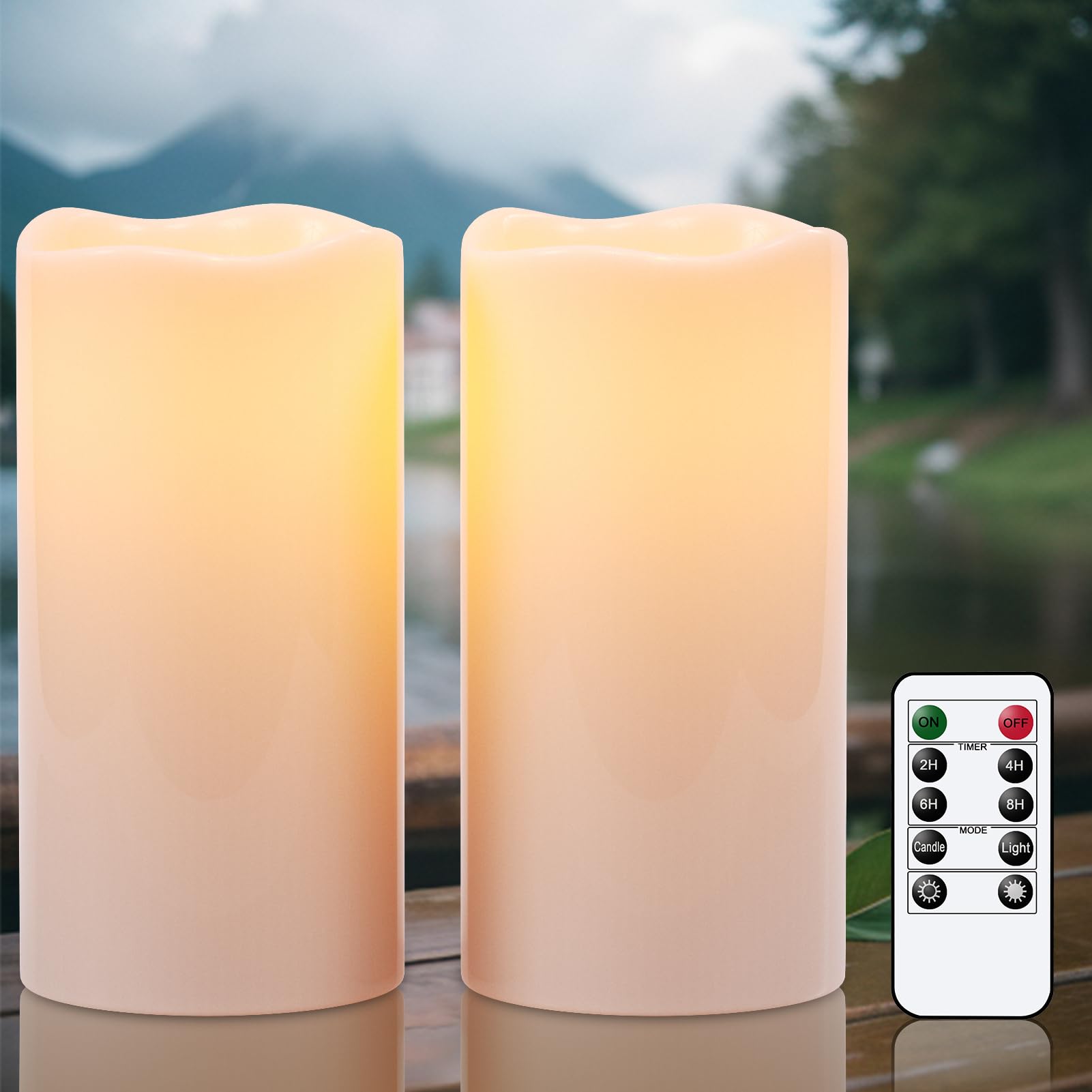 Eldnacele Waterproof LED Outdoor Candles with Remote, Battery Operated Flickering White Plastic Flameless Outdoor Candles for Garden Lanterns Home Decor(4"× 8", 2 Pack)