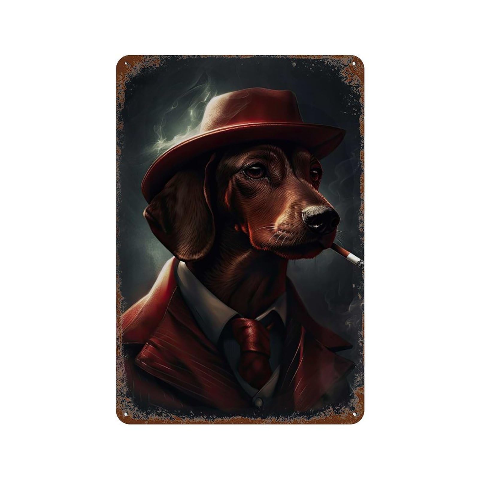 Red Dachshund Gangster 11.8"x7.9" Rust Effect Tin Sign, Decorative Metal Wall Art for Garage, Bar And Workshop Decor