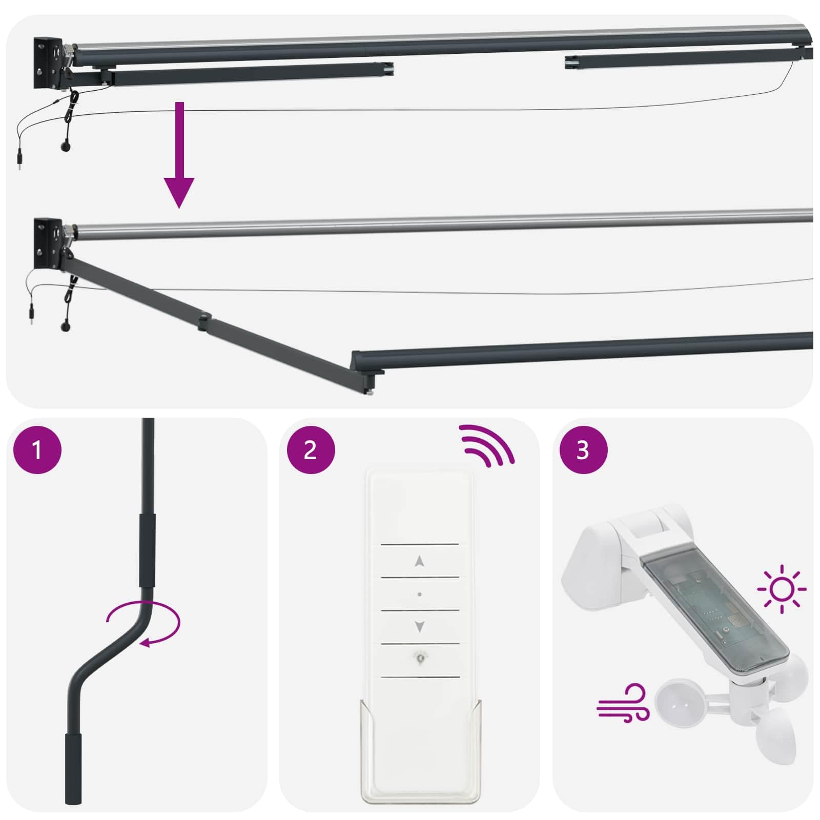 Toldo eléctrico extensible con LED, sensor meteorológico, marco de aluminio, resistente al agua, resistente a los rayos UV, eléctrico, ideal para balcón, terraza, jardín, protección solar