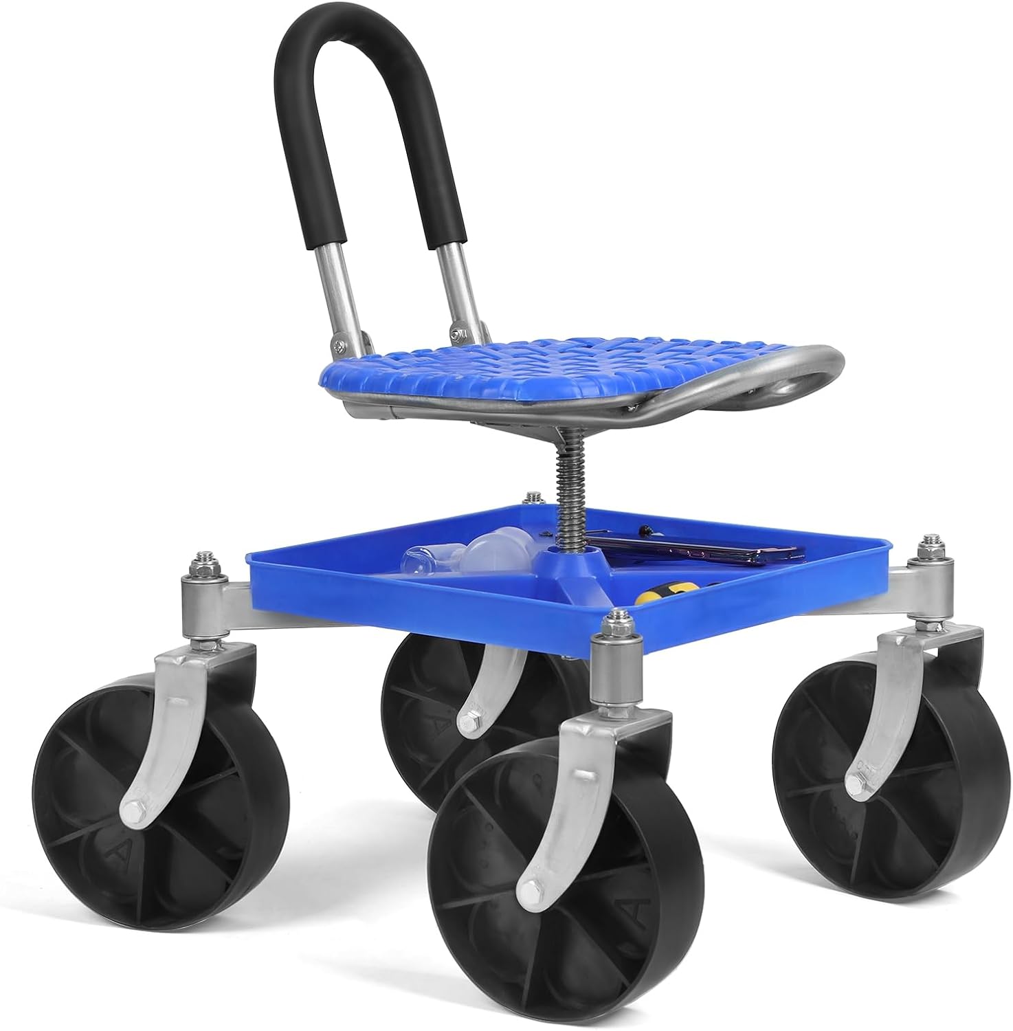Rolling Garden Seat with 360 Degree Swivel Wheels, Height Adjustable Gardening Stool with Tool Tray and Foldable Backrest, Heavy Duty Garden Scooter Cart for Gardening, Yard Work, Garage Blue