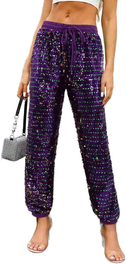Sparkly Mardi Gras Sequin Jogger Pants, Elastic Waist with Drawstring, Festival Dance Wear