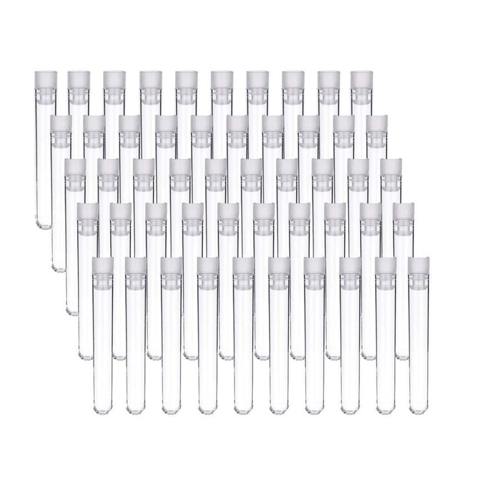 Provette in plastica 50 pz/pacco 12x100mm Bottiglia per campioni con tubo a fondo tondo in plastica trasparente, Forniture per esperimenti di laboratorio per ufficio con coperchio Provette in plasti