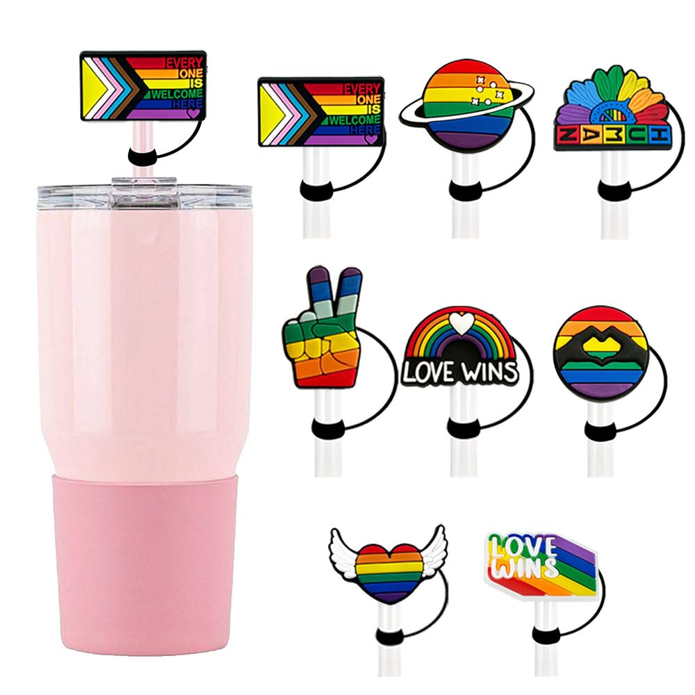 8 tapas de popote arcoíris de 10 mm, fundas de silicona para vasos, reutilizables, para popote, 30 y 40 onzas, protector de pajilla para cumpleaños, día del orgullo, suministros de fiesta LGBT,