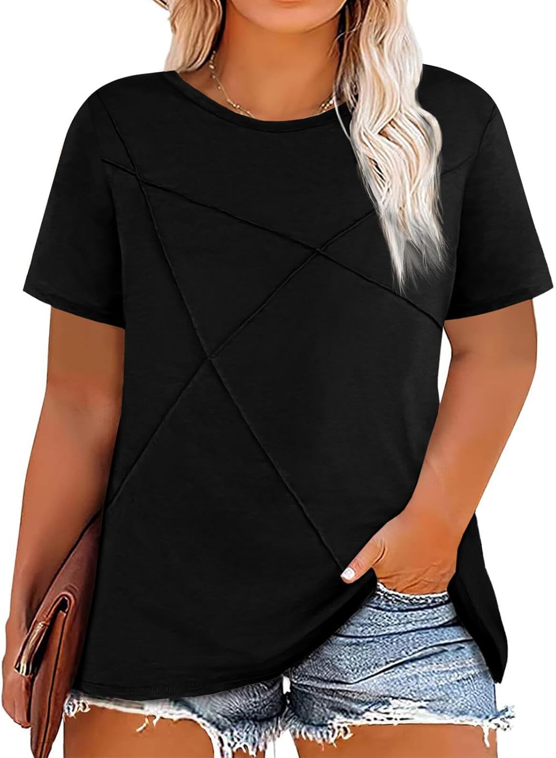 Fisoew Womens Plus Size Short Sleeve T Shirts Summer Casual Loose Fit Tees Crew Neck Curvy Tunic Tops