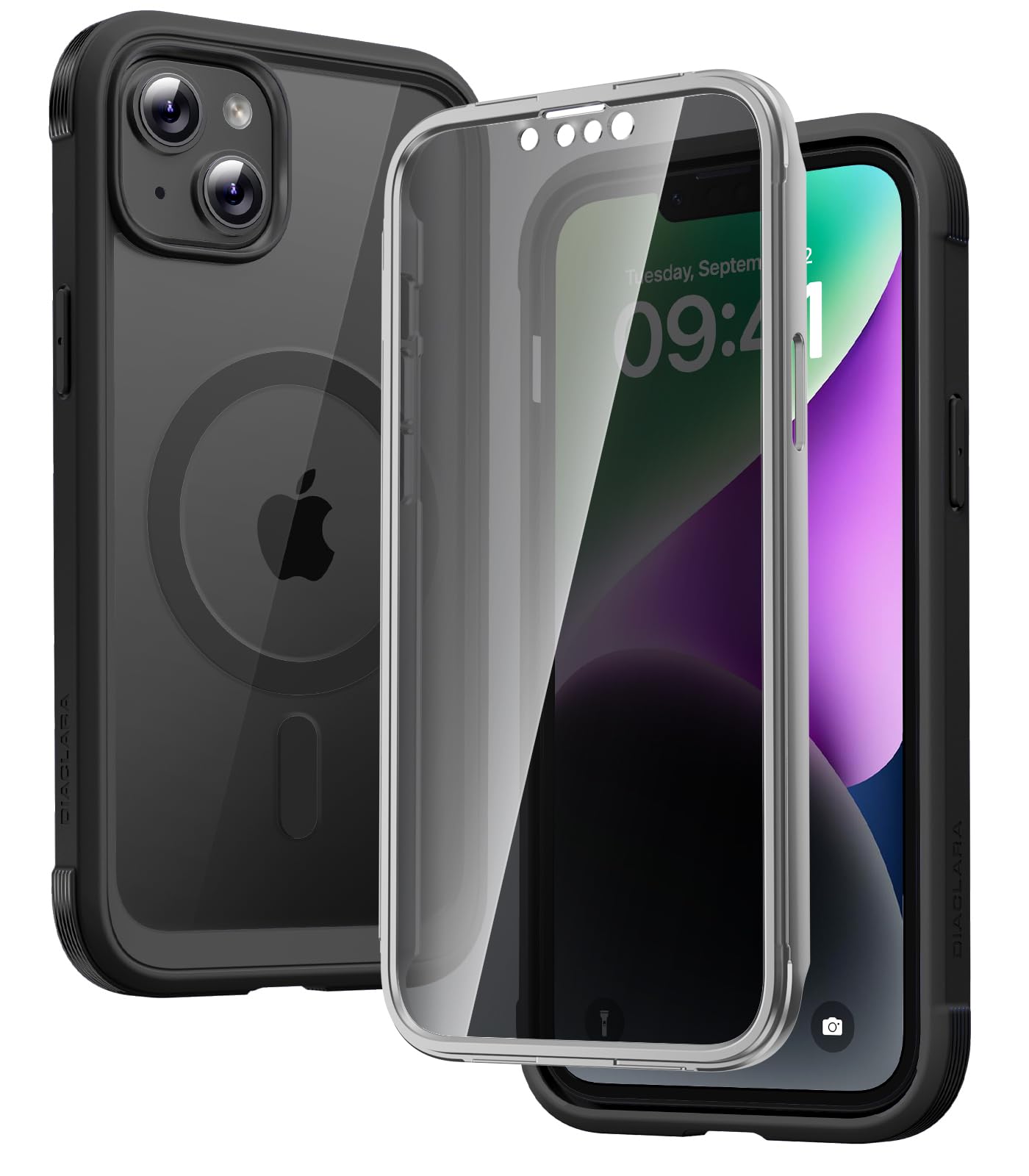 Diaclara Magnetic Designed for iPhone 14 Case 6.1 Inch,Upgraded Full Body Rugged Clear Bumper Case with Built-in Privacy Screen Protector for iPhone 14,Black