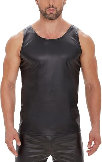 Men Shiny Leather Tank Top, Soft Matte, Male Thin Casual Vest
