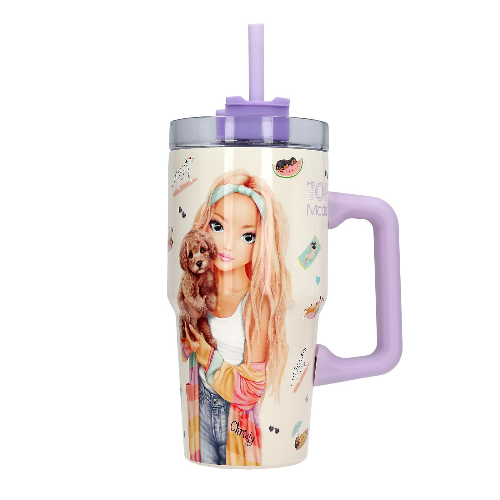 Depesche 13966 TOPModel Sunny Dog - to-Go Becher aus Edelstahl, in Lila und Weiß, Model Motiv und Hunde-Muster, Getränkebecher mit Strohhalm, Isolierung und Griff, Fassungsv. ca. 500 ml