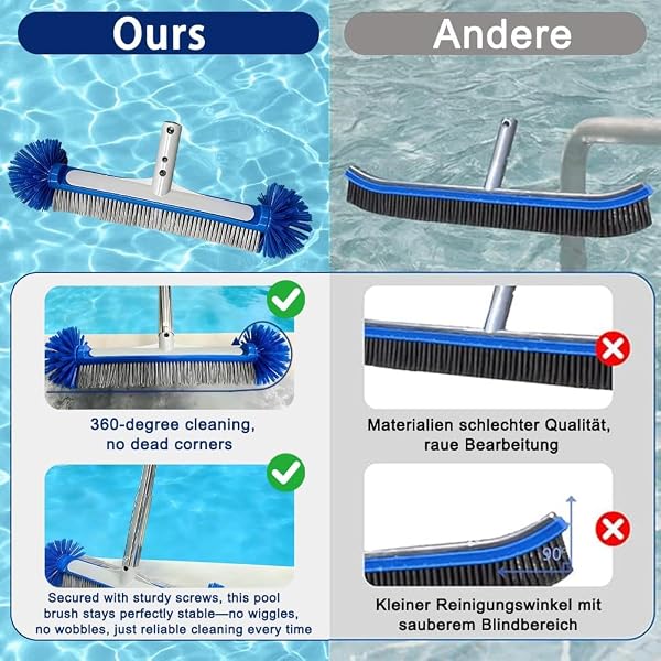 Brosse de Piscine avec Tige télescopique de 194 cm de Long, Balai de Piscine de 43 cm, Tête de Brosse de Piscine avec Perche Amovible avec Tige en Acier Inoxydable réglable en Longueur - 4