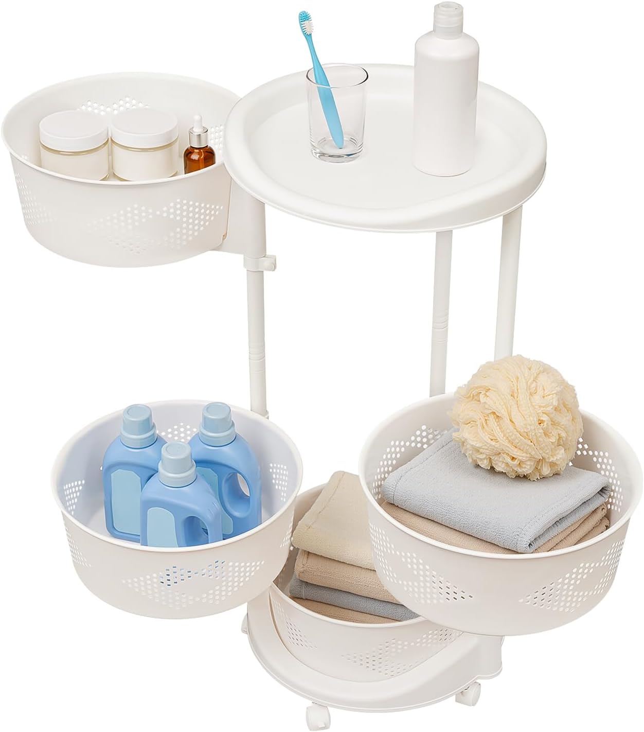 Bepritm Rotating Kitchen Storage Rack, Plastic Rotating Fruit Basket with Wheels, Multi-Layer Revolving Basket Kitchen Shelf for Home Kitchen Bathroom Salon (4-Layer)