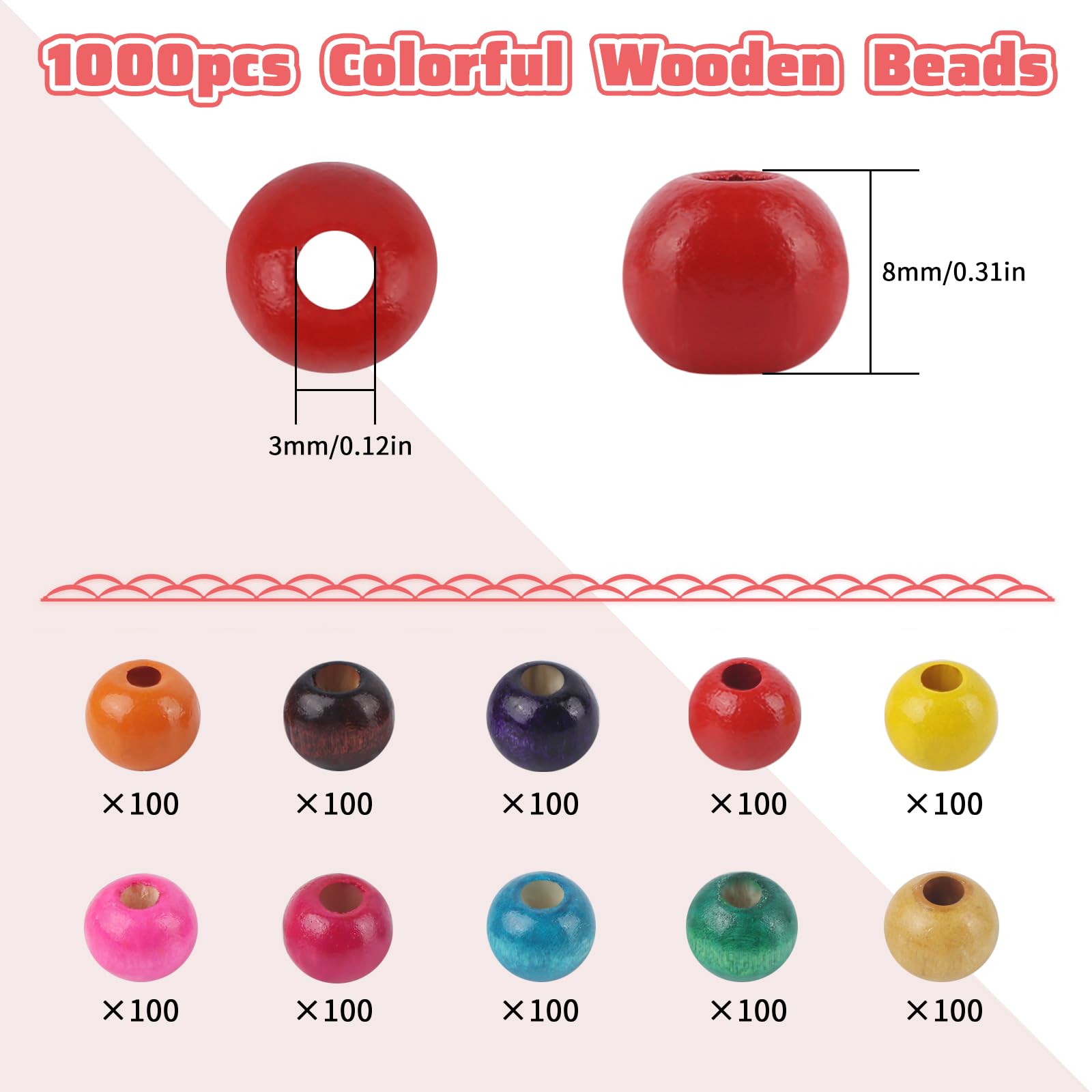 Lahnao 1000pcs Coloured Wooden Beads - 8mm Round Natural Threading Beads for Crafting Macrame, DIY Bracelet, Necklaces, Arts and Crafts - Image 3
