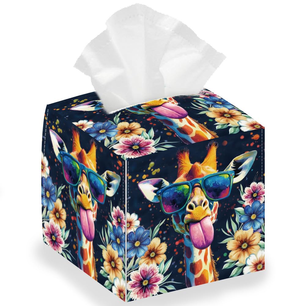 DELORIGIN Giraffe Tissue Box Holder, Square Tissue Box Cover Foldable Tissue Storage Box Waterproof Paper Towel Case Container Organizer Tissue Box Holder for Bedroom Office Bathroom Car Nightstand