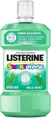 Listerine Smart Rinse Kids Mouthwash Mild Mint 500ml Alcohol-Free Oral Rinse for Children 6+, Helps Prevent Cavities, Strengthens Teeth, Removes 97% Germs, Fresh Breath & Anti-Plaque Protection