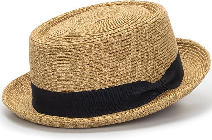Men Women Summer Straw Pork Pie Hat Boater Derby Fedora Sun-Beach Hats with Bow Band for Men