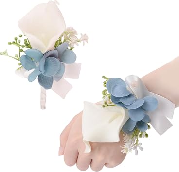 Wrist Corsage and Boutonniere Set, 1 Set Calla Lily White Blue Hand Flower for Prom Artificial Wedding Flower Bracelet for Wedding Party Prom