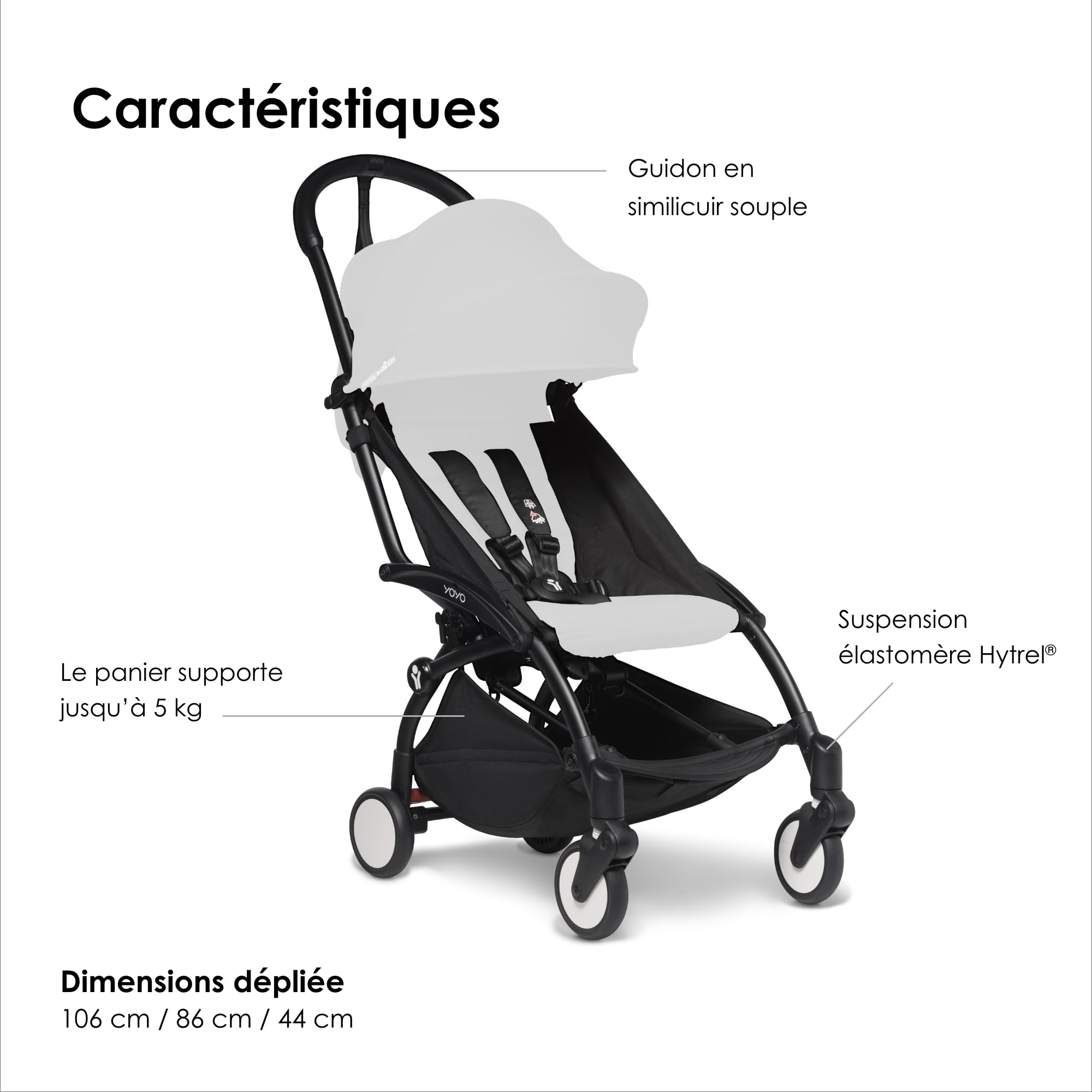Cadre YOYO2, Noir - Pack textile non inclus - Est livré avec un harnais à 5 points, un dossier inclinable, des arceaux de capote, une bandoulière rembourrée et une housse de protection