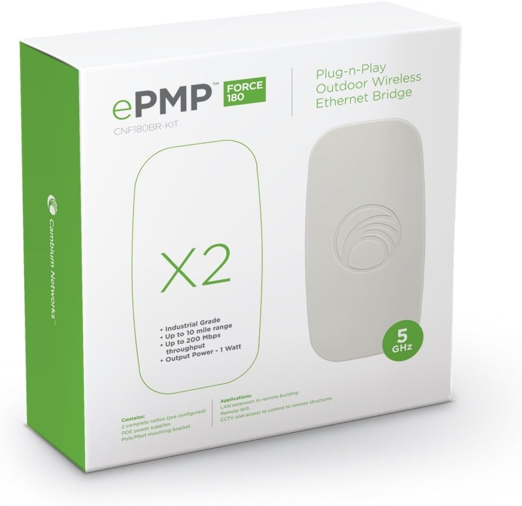 Cambium Networks ePMP Force 180 Bridge-in-a-Box Plug-n-Play Outdoor Wireless Ethernet Bridge - Pre-paired Point-to-Point (PTP) link - 10 Mile Wireless Range - 5GHz - 200 Mbps Throughput (C058900B072A)