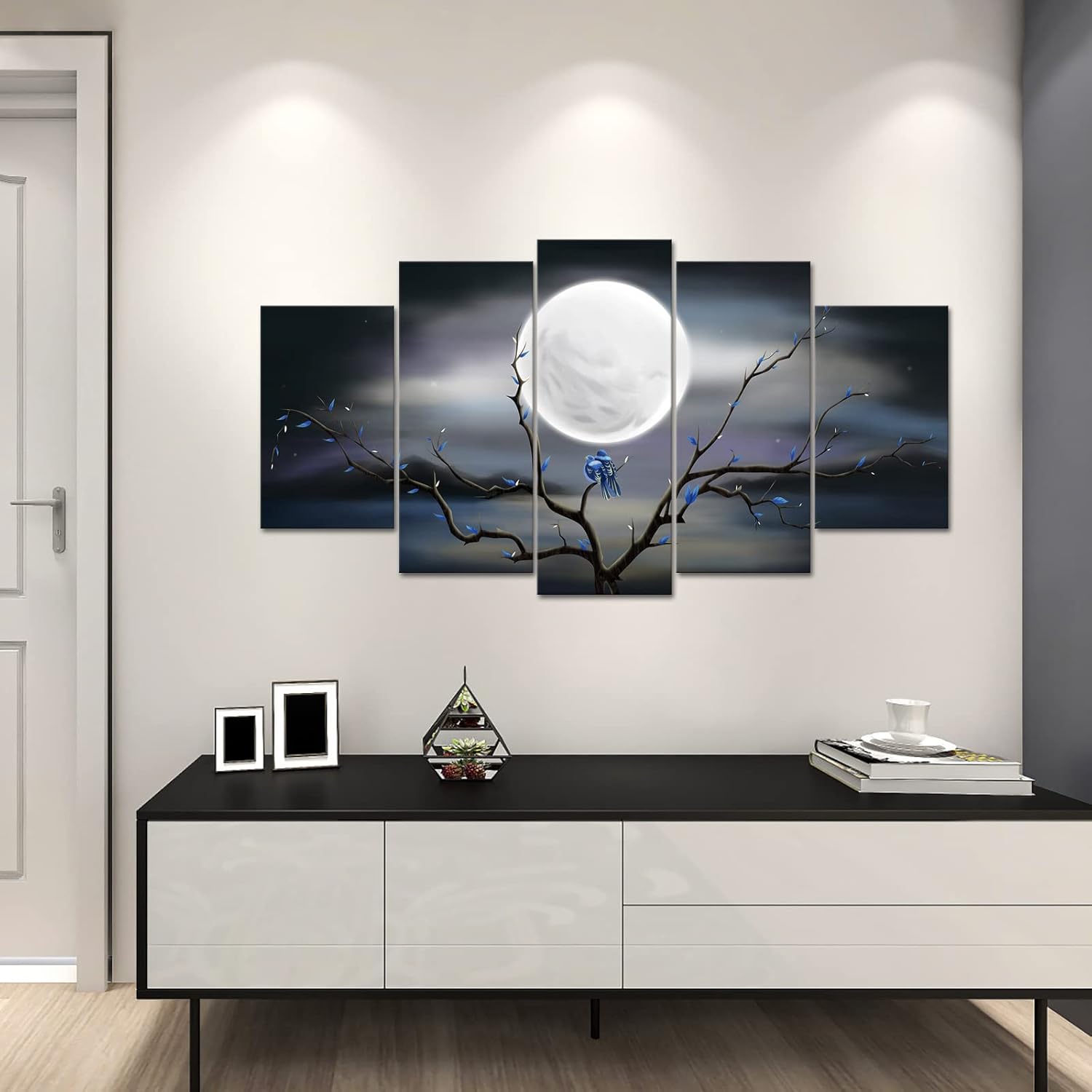 sechars 5 Pieces Canvas Prints Wall Art Big Full Moon over Ocean Landscape Painting Tree Love Birds Modern Abstact Pictures for Living Room Home Decor Gallery Wrap Ready to Hang (5 Pieces)