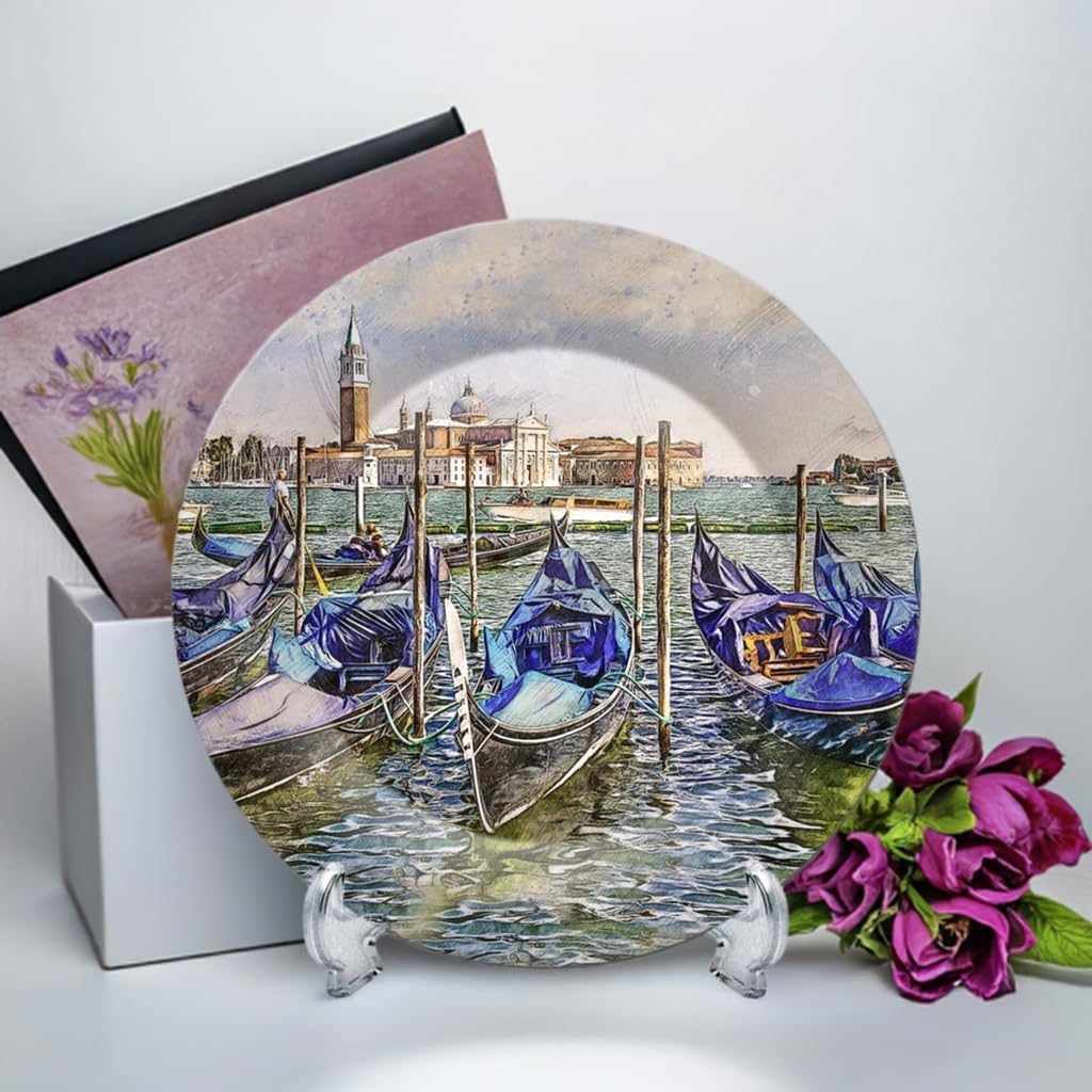 Vintage Venice Ceramic Designer Plate/Platter with Stand โ Handcrafted Decorative Plate for Living Room | 8-Inch Size Elegant Home Dรฉcor Accent