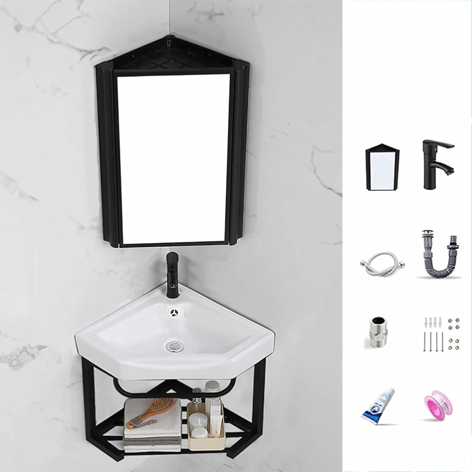 Ceramic Sink Small Utility Sink Narrow Bathroom Vanity Bathroom Cabinet with Faucet and Drain Small Corner Sink White Resin Sink(18in/47cm)