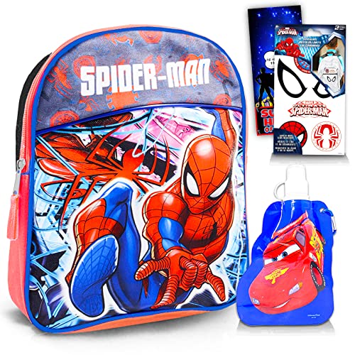 Marvel Spiderman Mini Backpack For Boys, Kids ~ 4 Pc Bundle With 11" Spiderman School Bag For Kids, Water Pouch, Stickers, And More | Spiderman Preschool Supplies