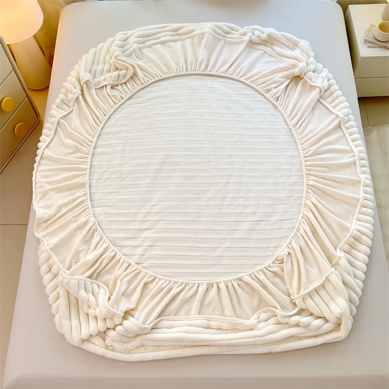 Fuzzy Faux Rabbit Fur Stripe Bed Sheet,Soft Fluffy Mattress Protector Thick Bed Cover, Milk Velvet Stripe Bedding Fitted Sheet Twin/Queen/King Size (White, California King（ 79"x86"/200 * 220cm)