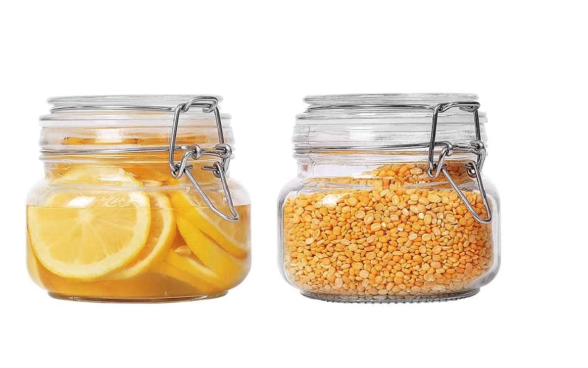 Dakshayanii Kitchen Airtight Glass Storage Canister Mason Jars with Hinged Clip Top Cover Lid for Cereals Pasta Sugar Beans Jam Coffee Candy (500ml, Pack of 1)