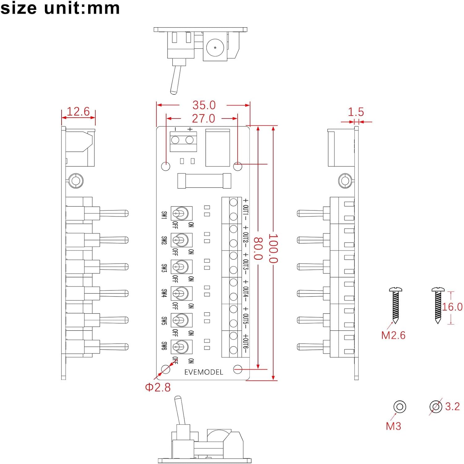 3V-24V DC Power Distribution Module Connector 6 Channels with Individual Toggle Switch PCB019D (6 Channels)