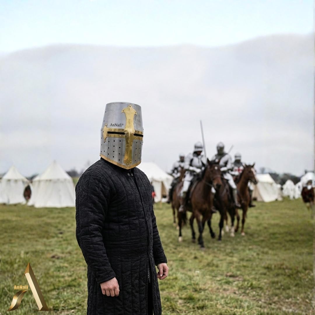 AnNafi® Medieval Knight Crusader Armour Helmet | Sugarloaf and Brass Design Templar Helmet | Greek Roman Spartan Helm | Wearable For Adult | Medieval Costumes | Medieval Helmets for Men