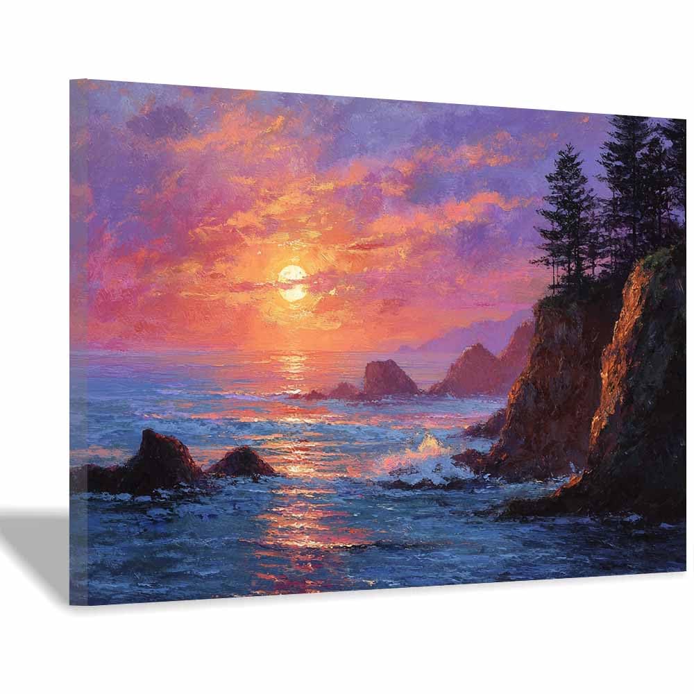 PUQAAEO Canvas Wall Art Decor, Cliffs Ocean Sunset Landscape Canvas Wall Art, Painting Prints, Bedroom Bathroom Office Decor,(Multicolor)-60x90cm Framed