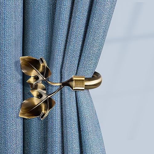 Image of HIKMLK 2pcs Handmade Leaf Curtain Tiebacks - Antique Brass Botanical Holdbacks & Side Holders, Brushed Metallic LacquerWall Mounted Pull Backs for Fresh Drapes Window Decor
