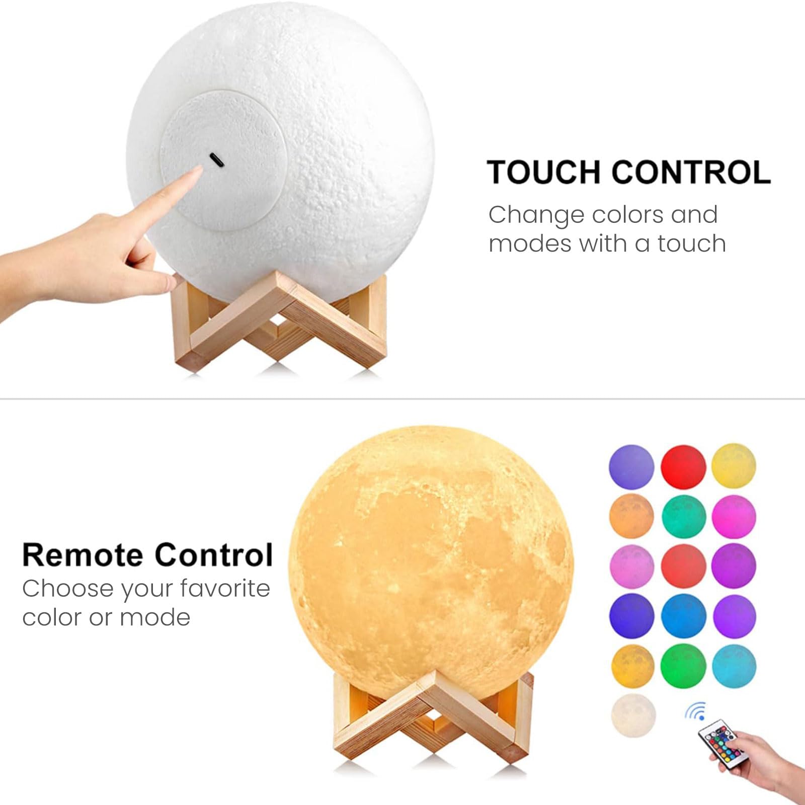 Uten Lampe Lune 3D, Veilleuse LED Lampe Décorative 16 Couleurs avec Télécommande et Interrupteur Tactile Rechargeable Lampe de Nuit pour Chambre Salon Café Cadeau Anniversaire Noël