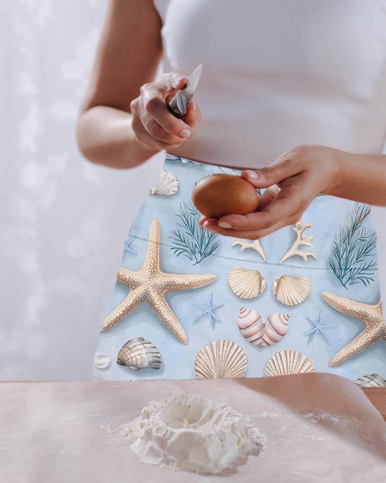 PIEPLE Coastal Starfish Server Apron Waitress Aprons with 3 Pockets, Blue Summer Beach Nautical Ocean Half Waist Waiter Aprons Restaurant Chef Aprons for Women Men