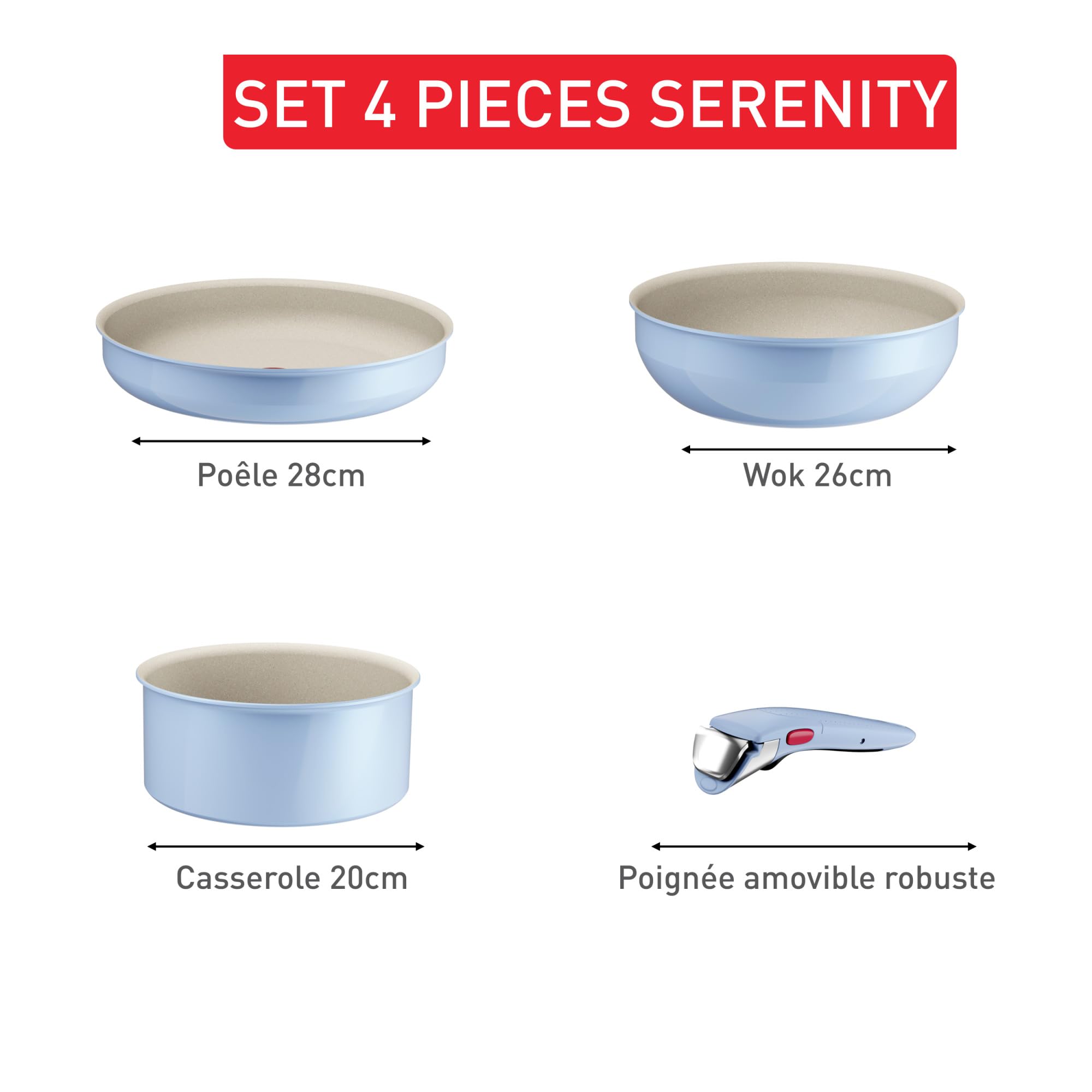 Tefal Ingenio Serenity, Batterie de cuisine 4pièces, Revêtement antiadhésif, Poignée amovible sécurisée, Design empilable, L8274S04